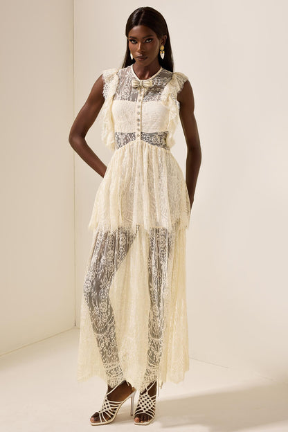 Vestido midi de cuello redondo con volantes y lazo de encaje 