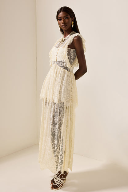 Vestido midi de cuello redondo con volantes y lazo de encaje 