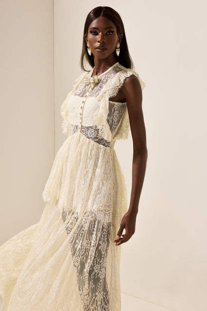 Vestido midi de cuello redondo con volantes y lazo de encaje 