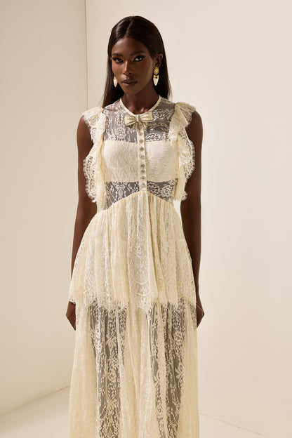 Vestido midi de cuello redondo con volantes y lazo de encaje 