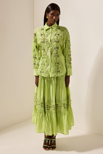 Conjunto de top liso con encaje bordado y falda midi de cintura media con encaje 