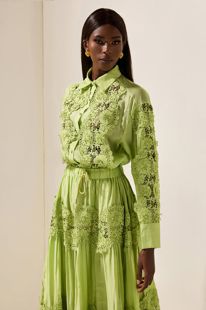 Conjunto de top liso con encaje bordado y falda midi de cintura media con encaje 