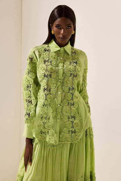 Conjunto de top liso con encaje bordado y falda midi de cintura media con encaje 