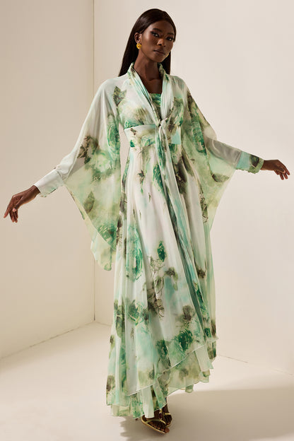 Vestido largo de manga larga con encaje floral 