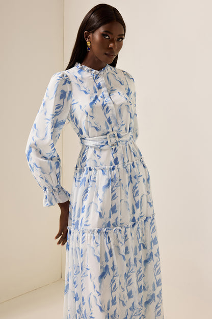 Vestido largo con mangas abullonadas y volantes florales con cinturón 