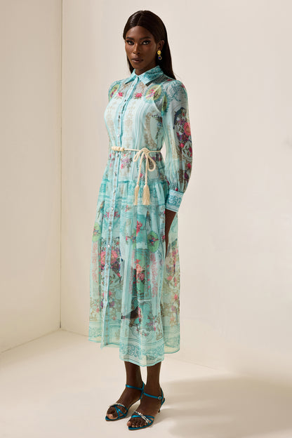 Vestido midi con cuello camisero, mangas farol y estampado floral 