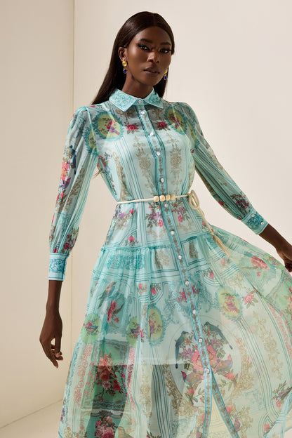 Vestido midi con cuello camisero, mangas farol y estampado floral 