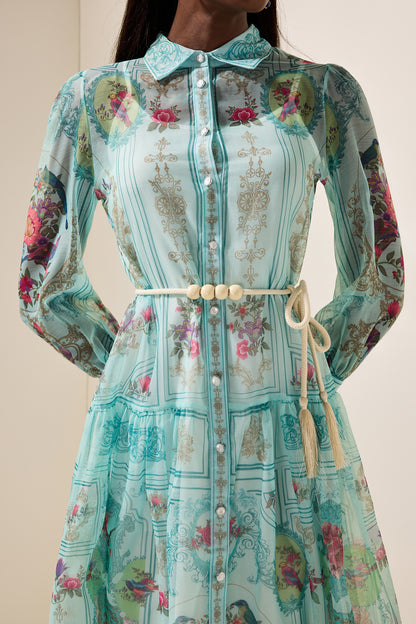 Vestido midi con cuello camisero, mangas farol y estampado floral 