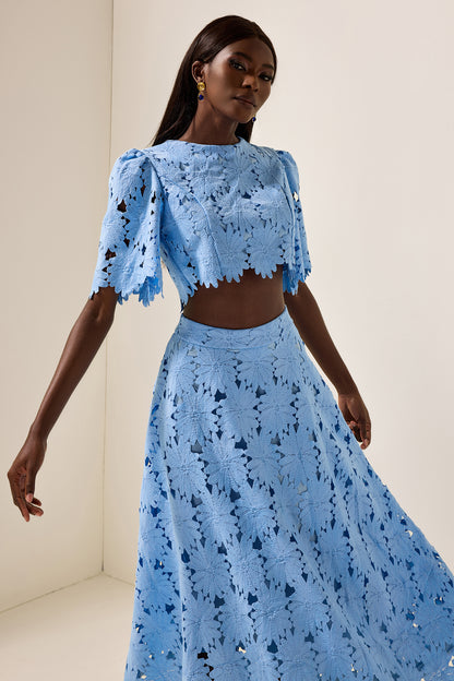 Conjunto de top liso bordado y falda bordada de cintura media 