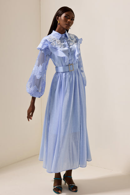 Vestido midi de encaje liso con volantes y cinturón 