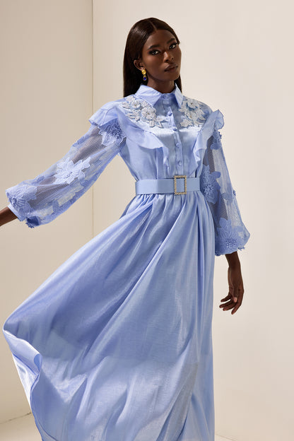 Vestido midi de encaje liso con volantes y cinturón 