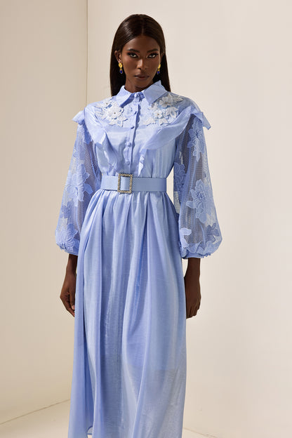 Vestido midi de encaje liso con volantes y cinturón 