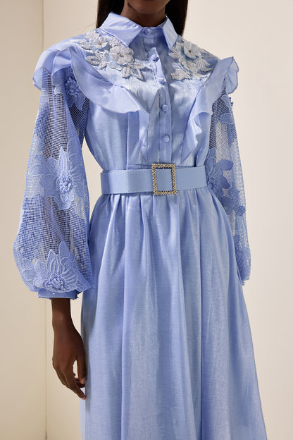 Vestido midi de encaje liso con volantes y cinturón 