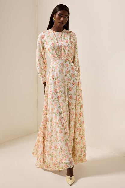 Vestido maxi de gasa con estampado floral y mangas largas 