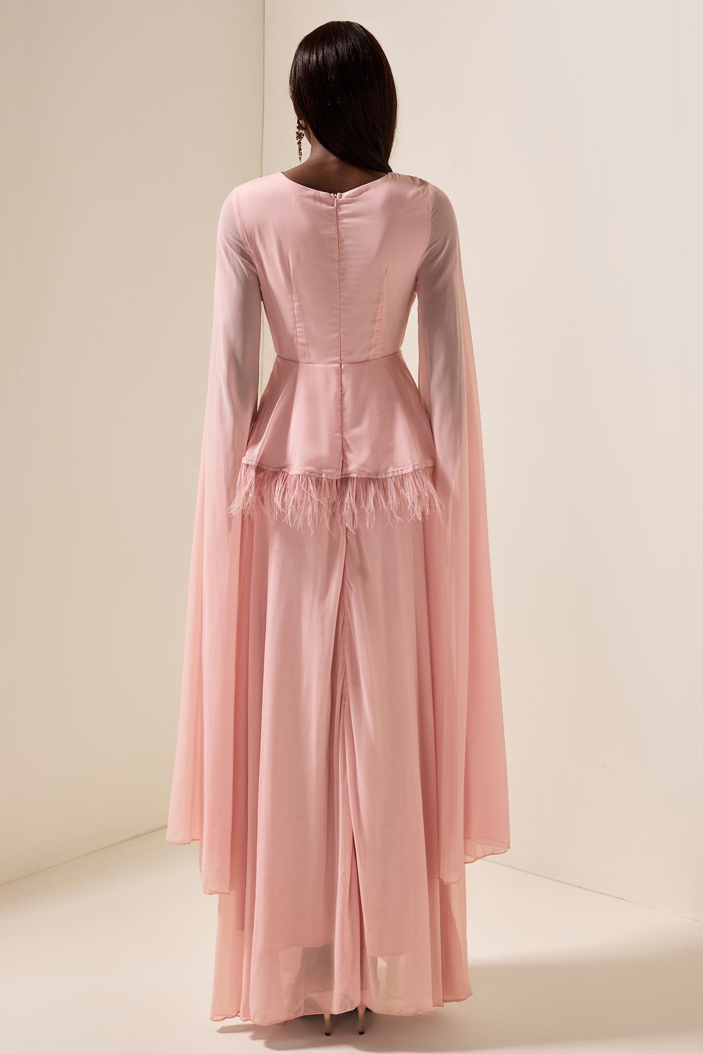 Vestido largo liso con plumas bordadas 