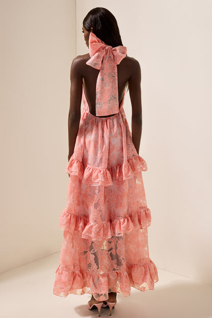 Vestido largo sin mangas con cuello halter y flores 3D 