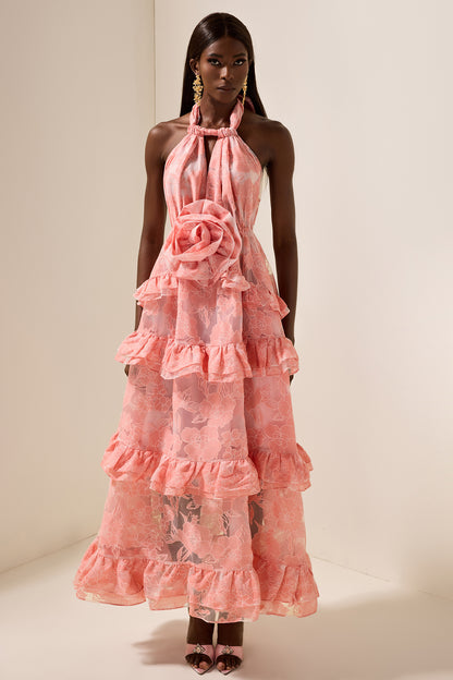 Vestido largo sin mangas con cuello halter y flores 3D 