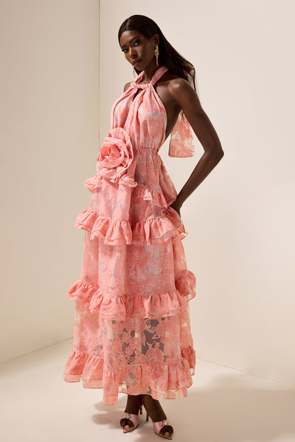 Vestido largo sin mangas con cuello halter y flores 3D 