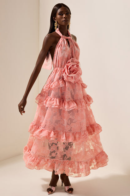 Vestido largo sin mangas con cuello halter y flores 3D 