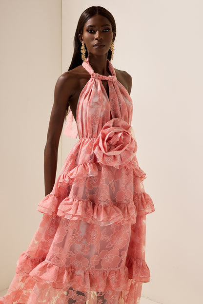 Vestido largo sin mangas con cuello halter y flores 3D 