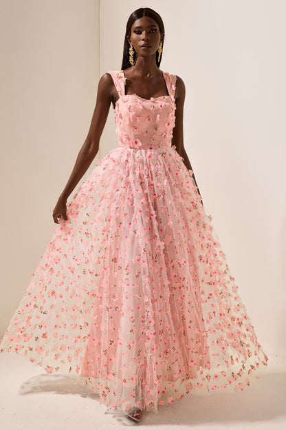 Vestido largo sin mangas de malla floral 3D 