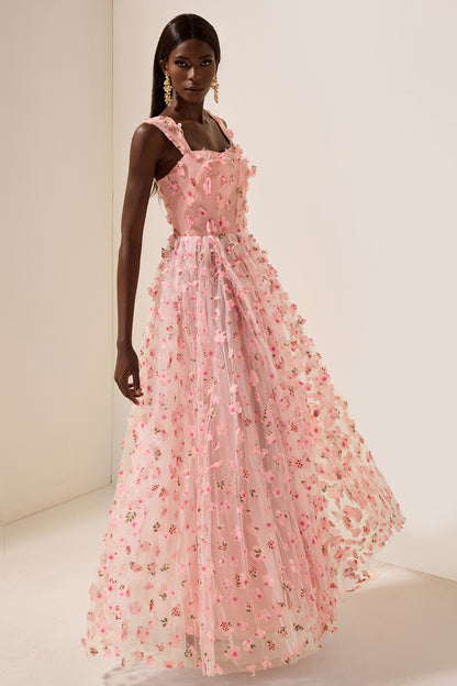 Vestido largo sin mangas de malla floral 3D 