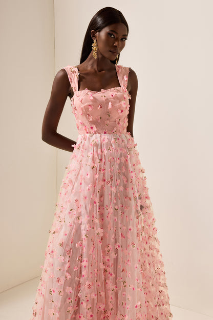 Vestido largo sin mangas de malla floral 3D 