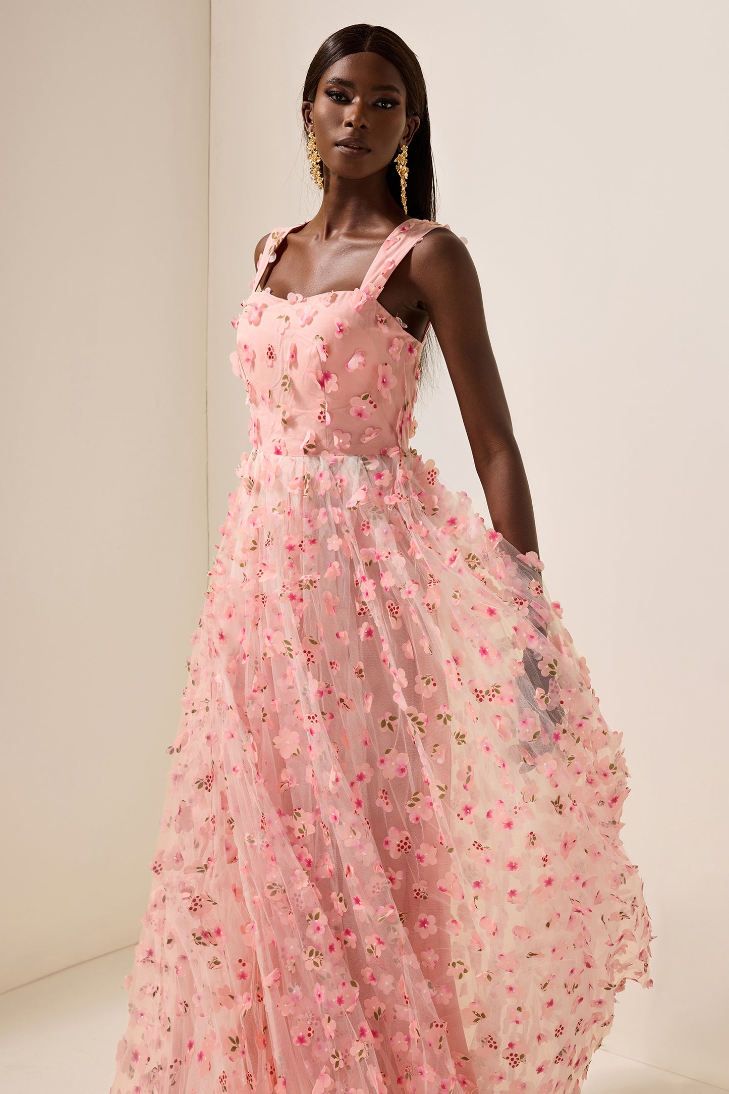 Vestido largo sin mangas de malla floral 3D 