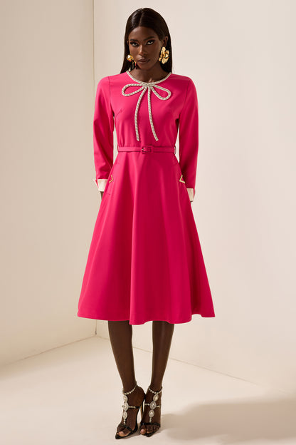 Vestido midi con diamantes de imitación y cinturón 