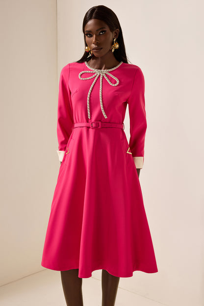 Vestido midi con diamantes de imitación y cinturón 