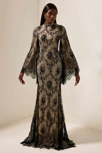 Vestido midi de manga larga con encaje 