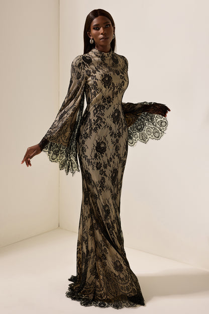 Vestido midi de manga larga con encaje 