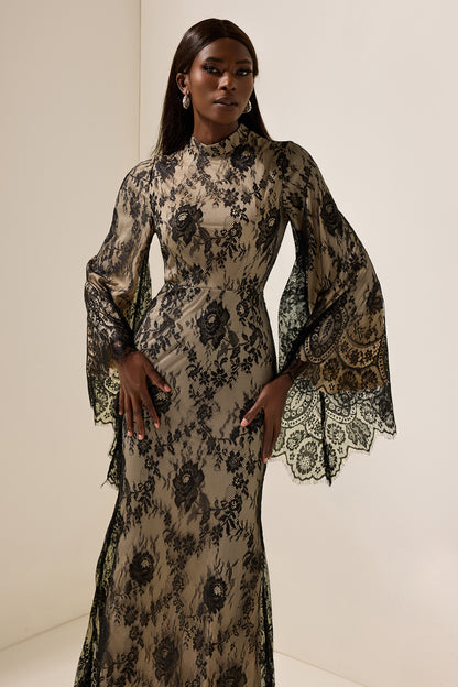 Vestido midi de manga larga con encaje 