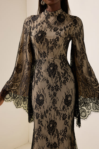 Vestido midi de manga larga con encaje 