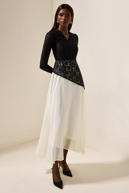 Vestido midi de gasa con escote en V y encaje 