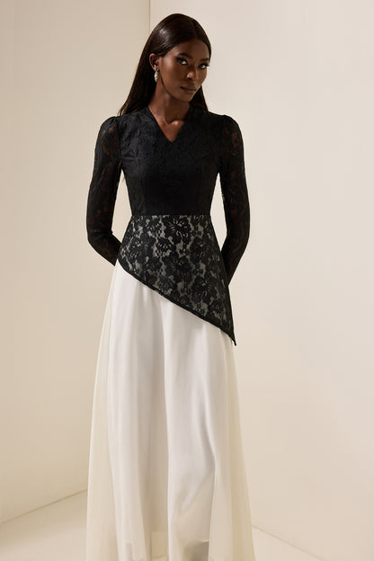 Vestido midi de gasa con escote en V y encaje 