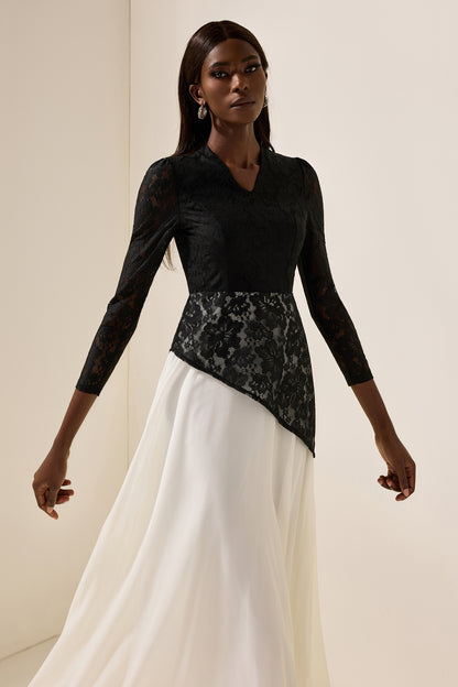 Vestido midi de gasa con escote en V y encaje 