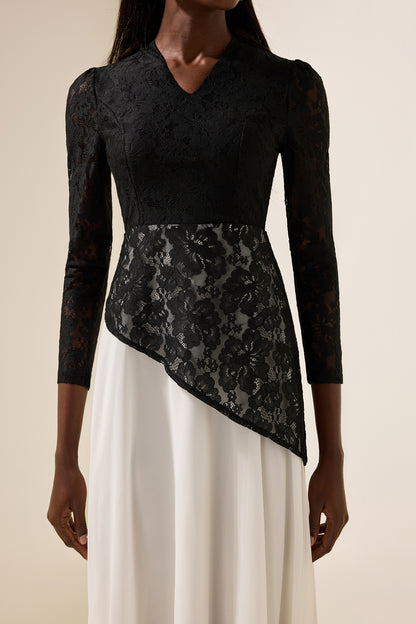 Vestido midi de gasa con escote en V y encaje 