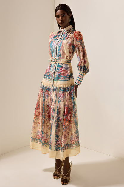 Vestido midi con cuello camisero y mangas farol con estampado floral 