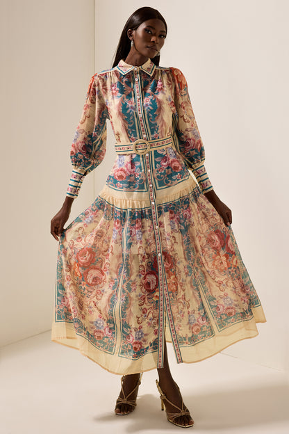 Vestido midi con cuello camisero y mangas farol con estampado floral 