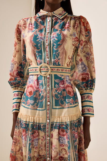 Vestido midi con cuello camisero y mangas farol con estampado floral 