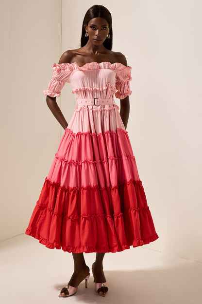 Vestido midi con volantes y hombros descubiertos en color contrastante 