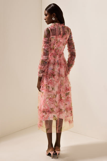 Vestido midi escalonado con volantes florales 