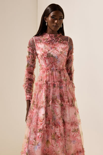 Vestido midi escalonado con volantes florales 