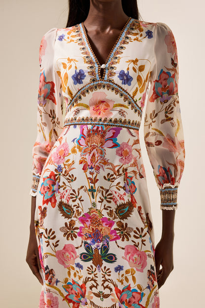 Vestido midi con cuello en V y mangas farol con estampado floral 