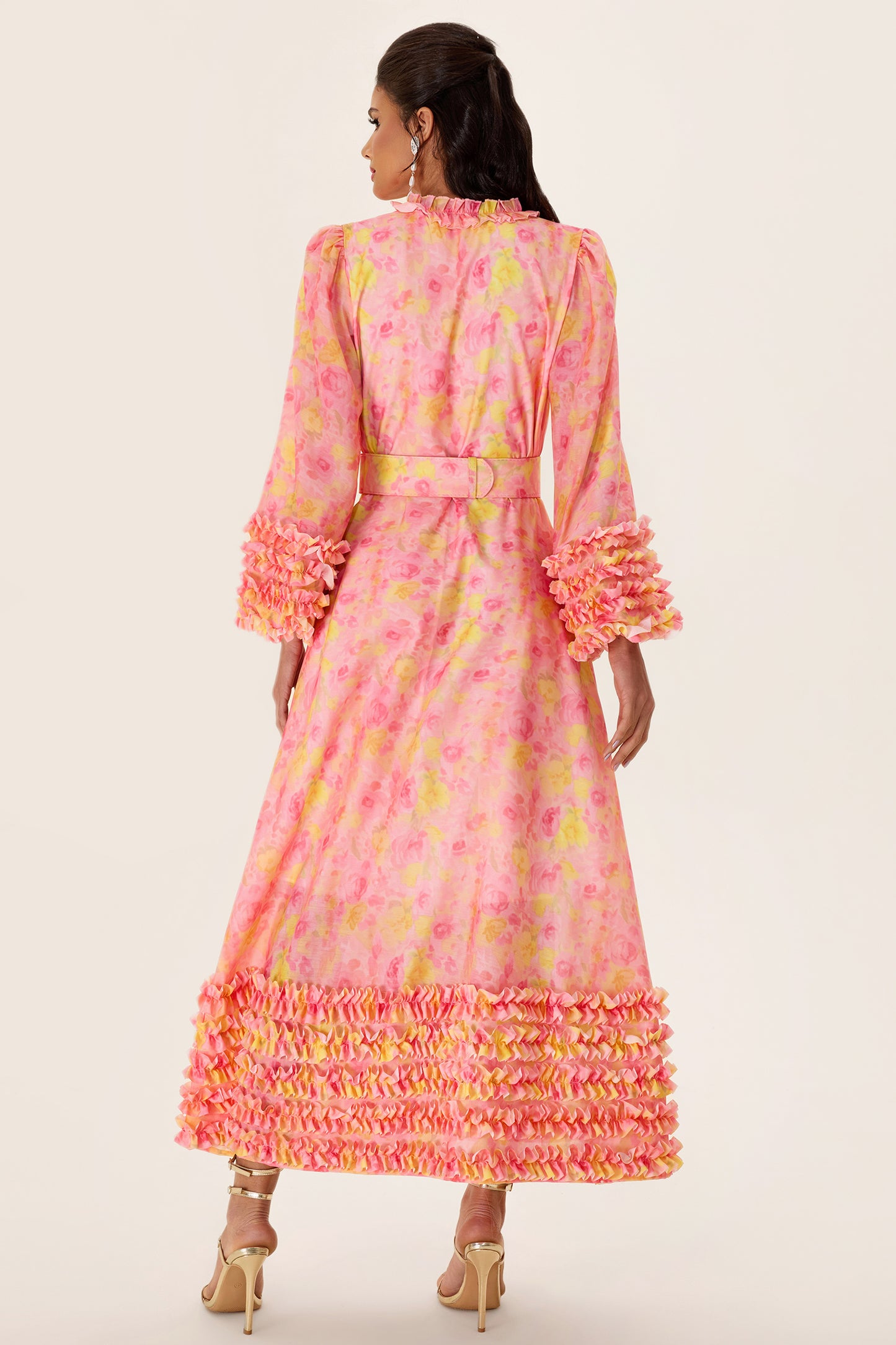 Vestido midi floral de manga larga con escote en V y cinturón 