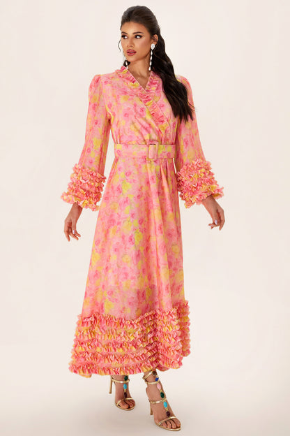 Vestido midi floral de manga larga con escote en V y cinturón 