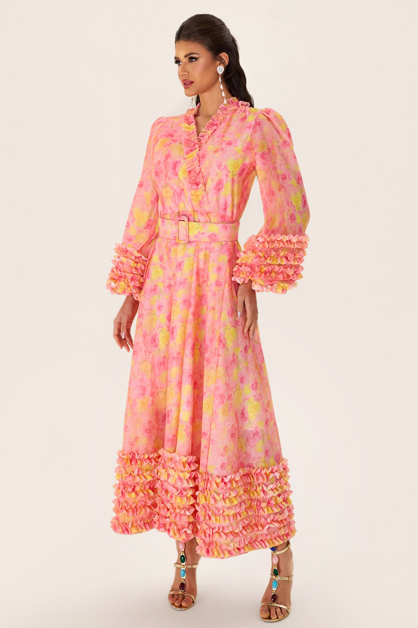 Vestido midi floral de manga larga con escote en V y cinturón 