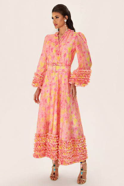 Vestido midi floral de manga larga con escote en V y cinturón 