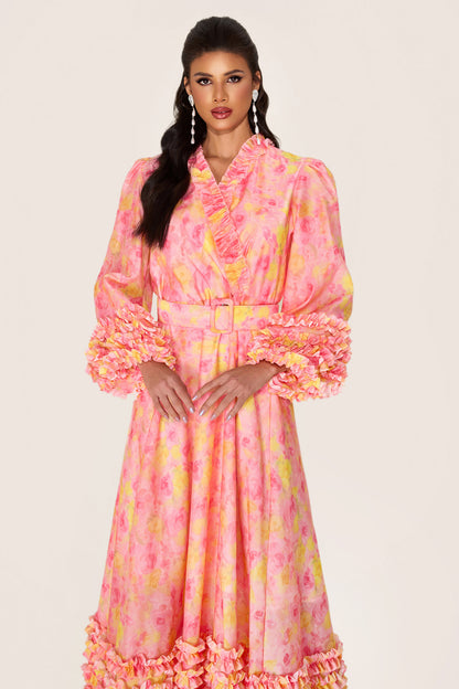 Vestido midi floral de manga larga con escote en V y cinturón 